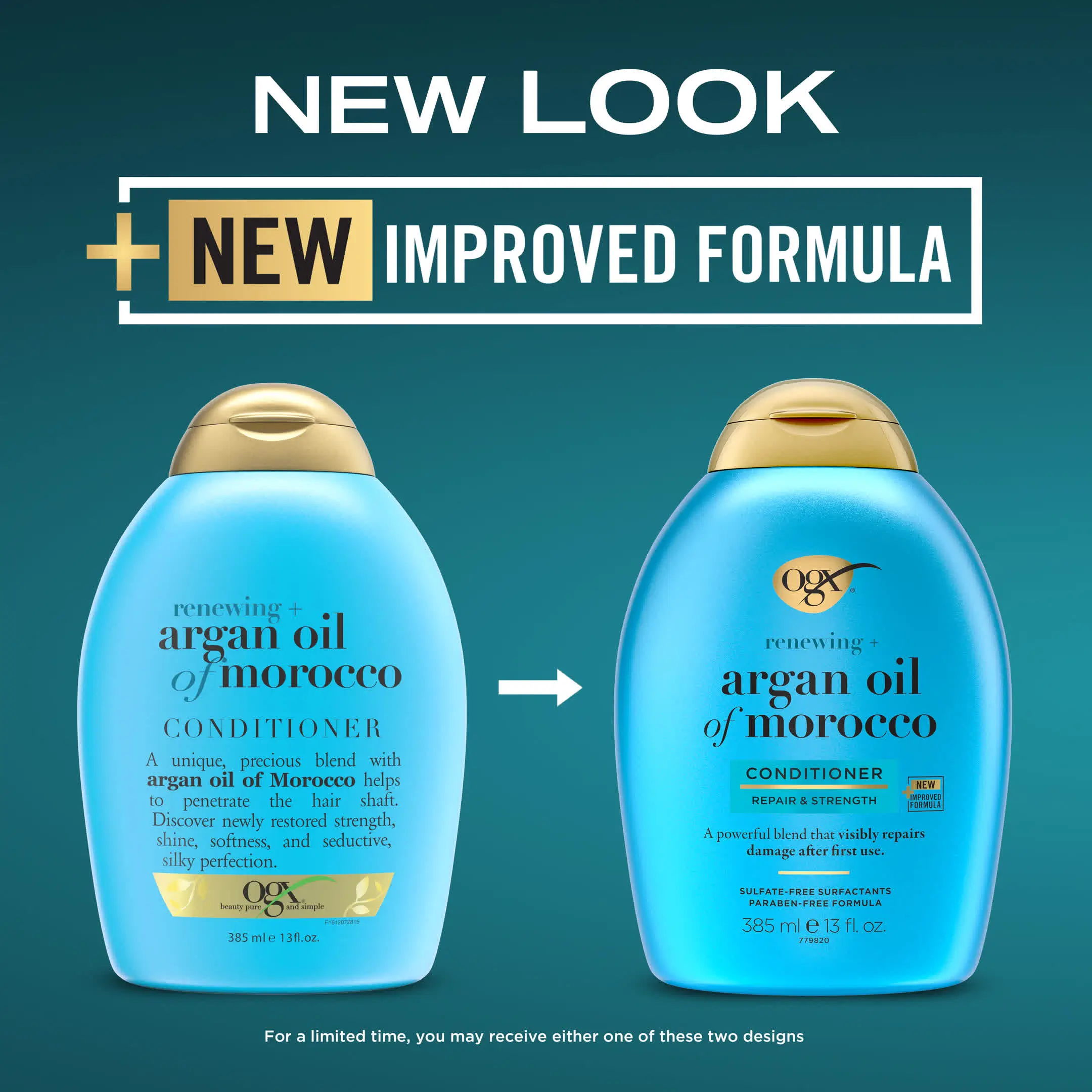 Image displaying the transition to new packaging for OGX Argan Oil of Morrocco Conditioner 13 oz