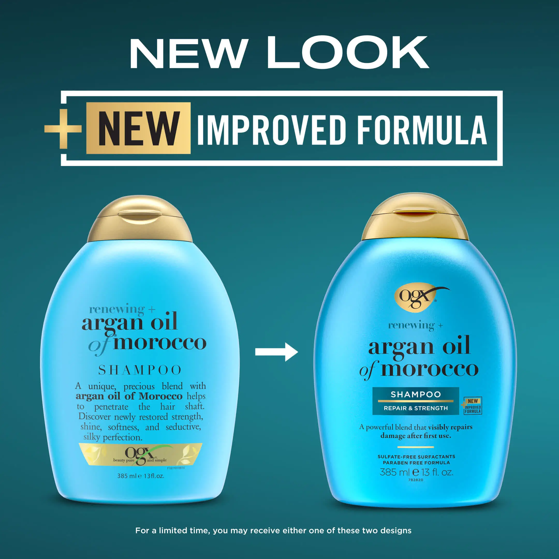 Image displaying the transition to new packaging for OGX Argan Oil of Morrocco Shampoo 13 oz