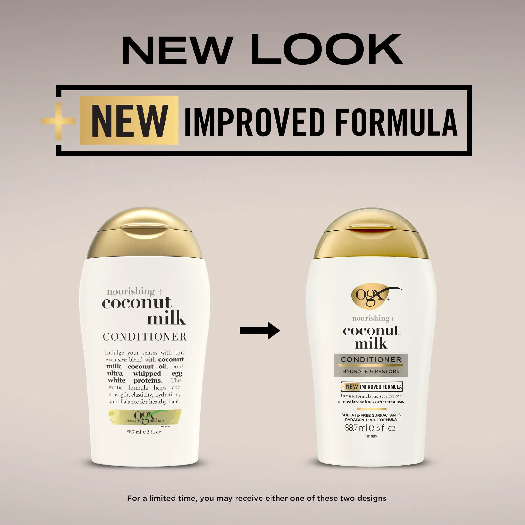 Image displaying the transition to new packaging for OGX Coconut Milk Conditioner Travel Size 3 oz