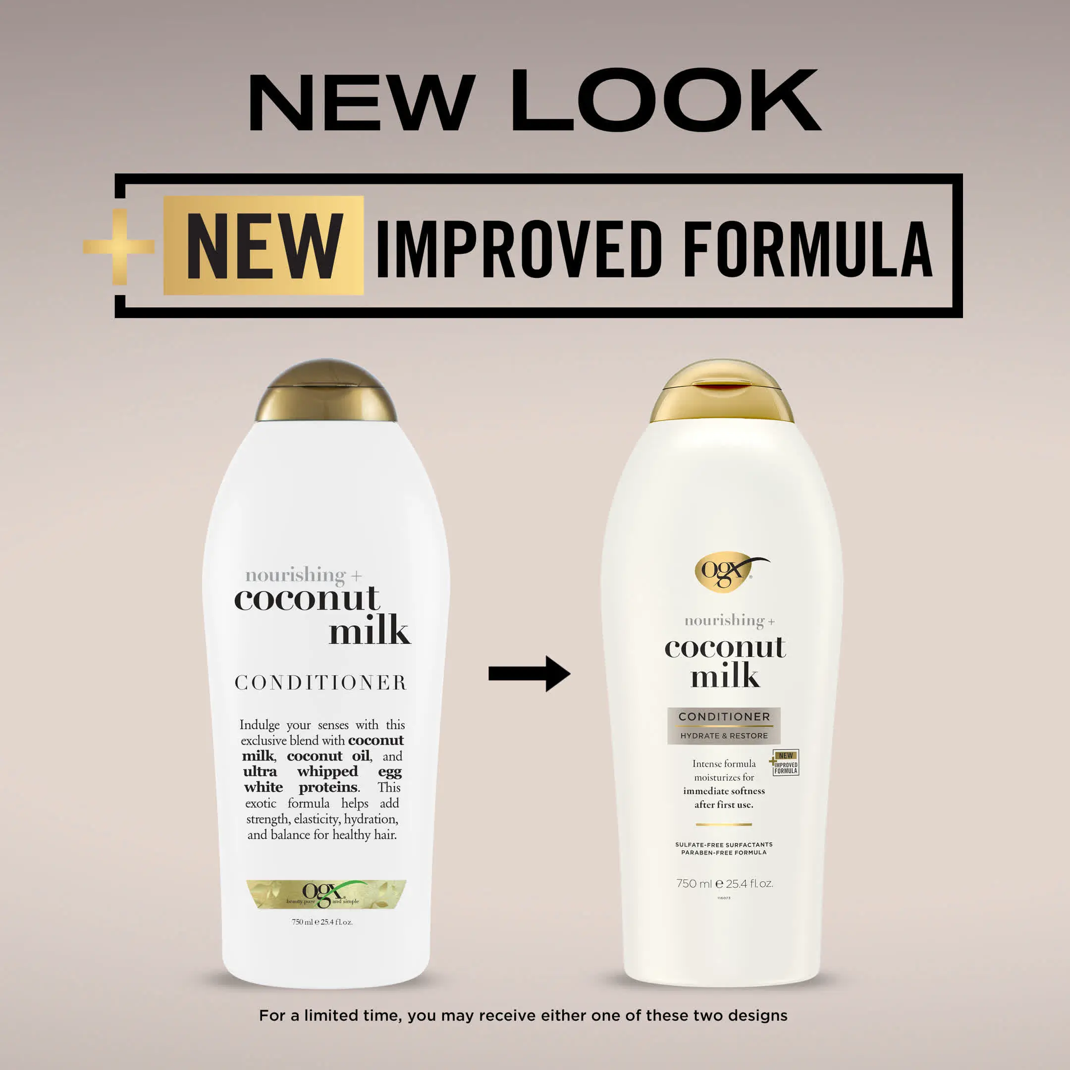 Image displaying the transition to new packaging for OGX Coconut Milk Conditioner Salon Size 25 oz