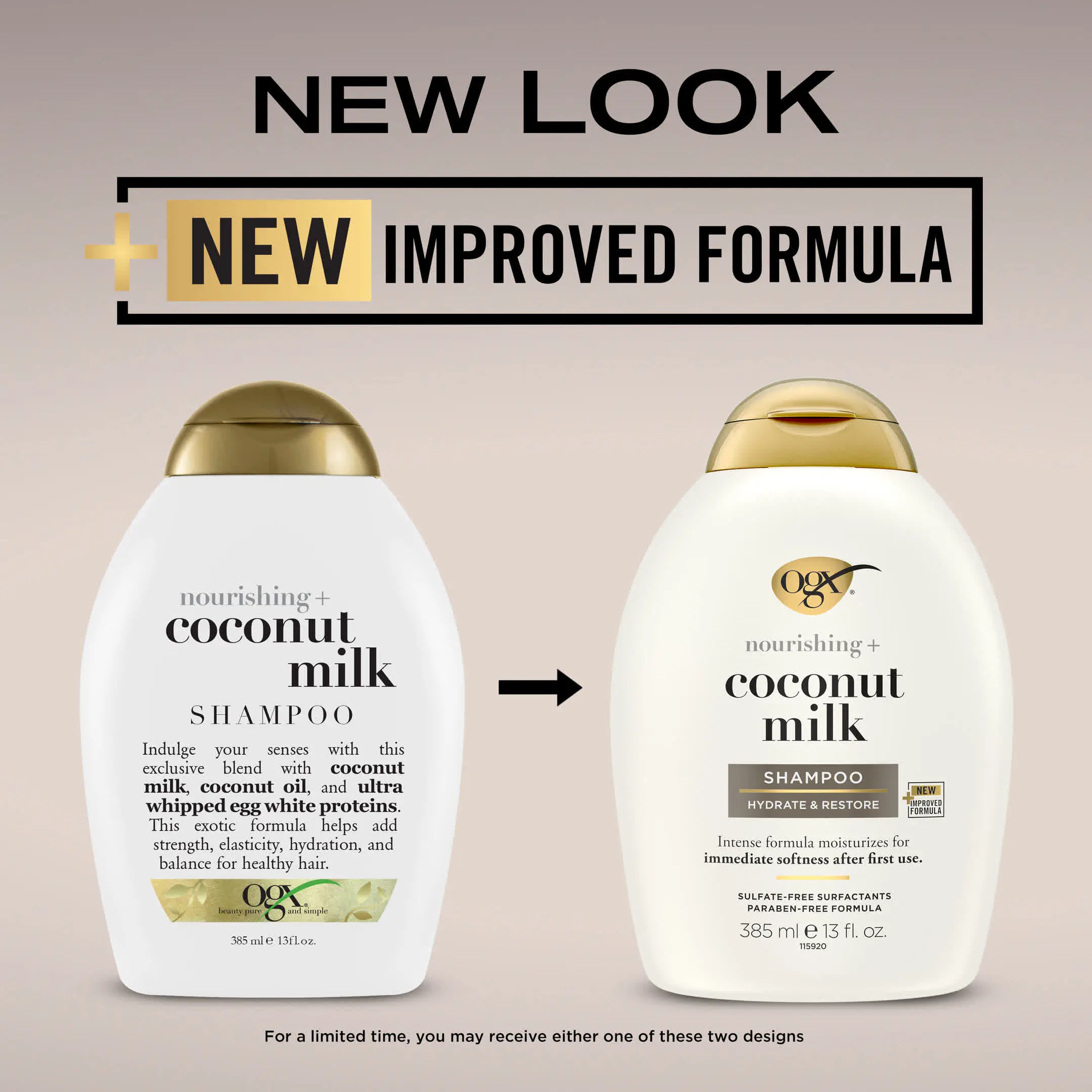 Image displaying the transition to new packaging for OGX Coconut Milk Shampoo 13 oz