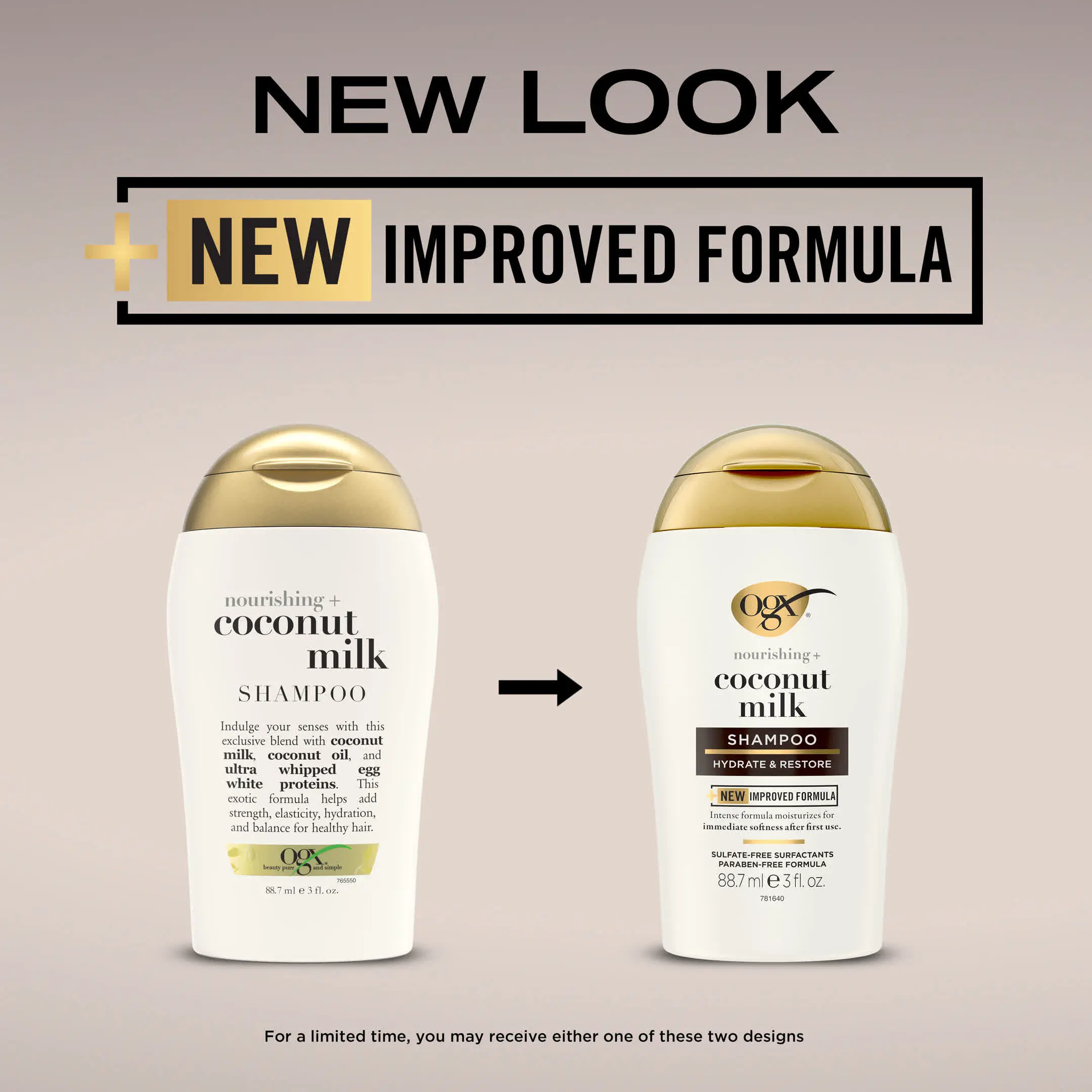 Image displaying the transition to new packaging for OGX Coconut Milk Shampoo Travel Size 3 oz
