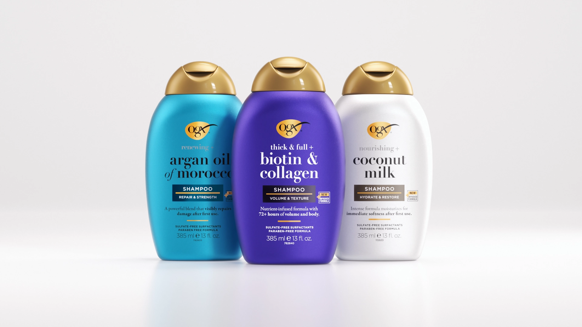 Image displaying upgraded OGX shampoos and conditioners featuring our new Lipi Pro™ Technology